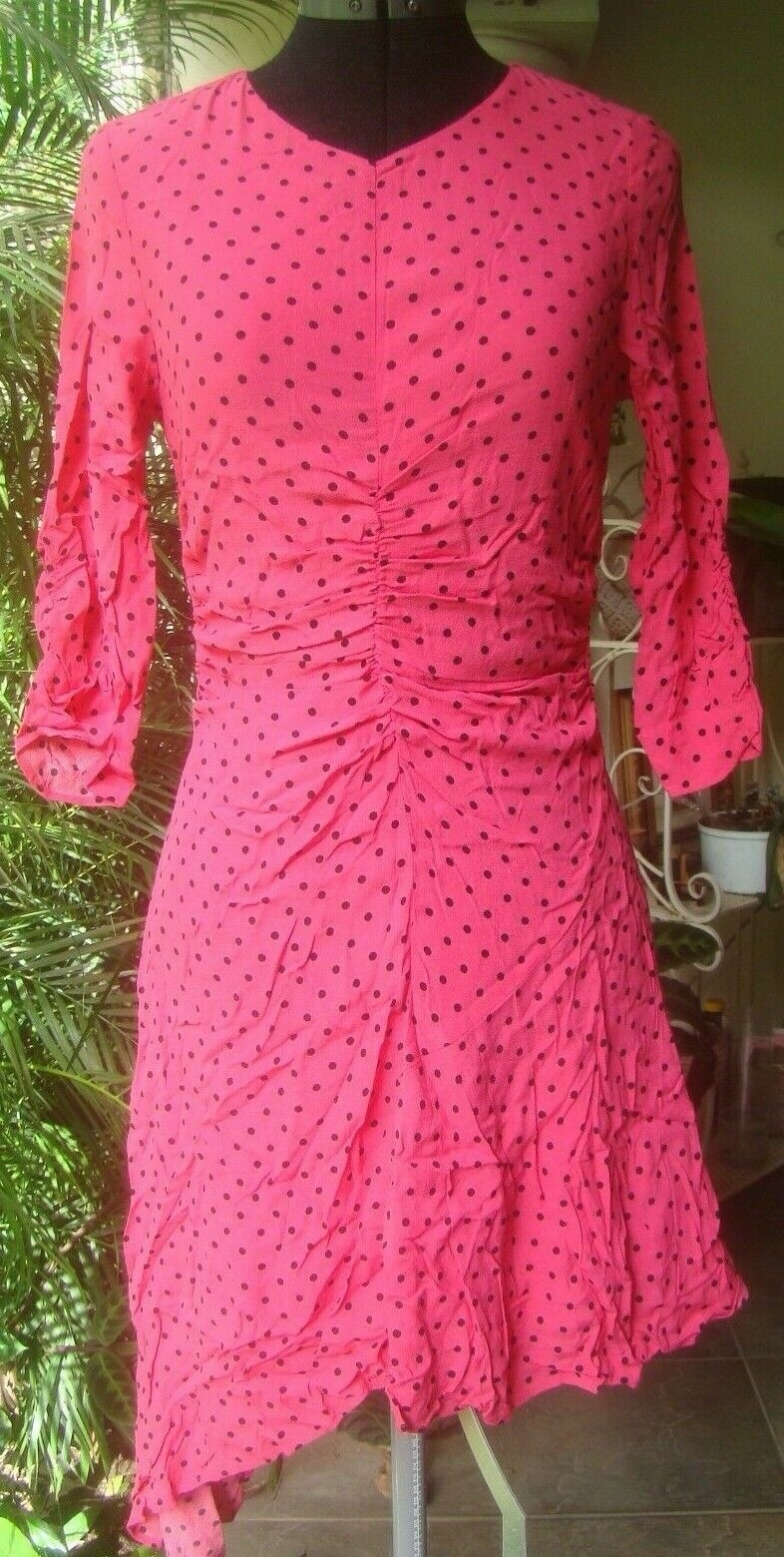 NWT ZARA Women’s Ruched Polka Dot Pink Black Asymmetric Trendy Dress XS X-Small thumbnail 4