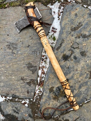 Medieval Style Battle Axe w Custom 25'' Maple Wood Handle, Incised Carving, Brass