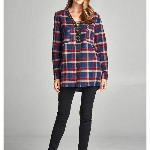 Women's Long Sleeve V-Neck Lace Up Front Flannel Plaid Top Shirt S M L - Picture 32 of 37