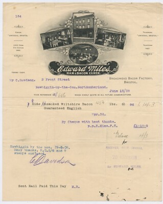 E. Hills Bacon & Ham Curer Bristol - Newbiggin Northumberland 1908 Billhead C48