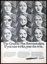Graffiti Scripto Pen Mustaches, Glasses Drawn on Faces Contest Vtg 1969 PRINT AD