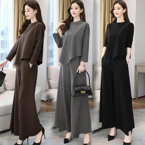 2pcs Womens Round Neck Long Sleeves Asymmetric Tops Loose Wide Legs Pants Suits - Picture 22 of 27
