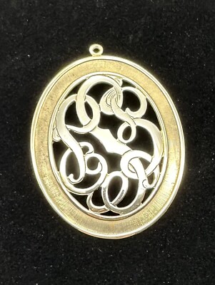 Vintage Script Monogram Gold & Silver Tone Metal Oval Pendant Ornament 2 3/4 H.