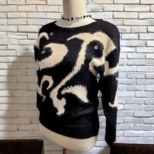 Eddie Dassin Angora Knit Rhinestone Sparkle Pullover Black Sweater Women Size M