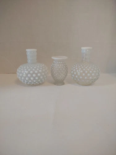 Lot: 3x Vintage Hobnail Moonstone Opalescent White Blue Glass Vase Bottle Fenton