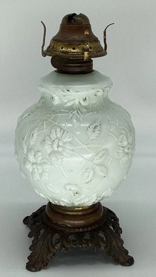 Victorian Era Milk Glass Spider Web Flowers Oil Lamp FG Co Cast