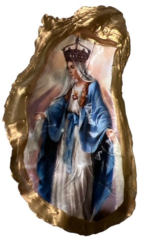 Conchiglia ostrica dorata decoupata fatta a mano Beata Madre Maria Regina del Cielo - Foto 4 di 7