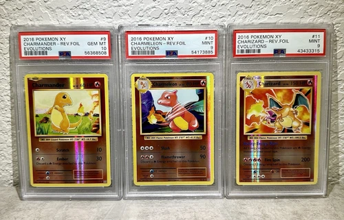 2016 Pokemon XY Evolutions Charizard Reverse Holo PSA 10, 9, 9 Evolutionary Set