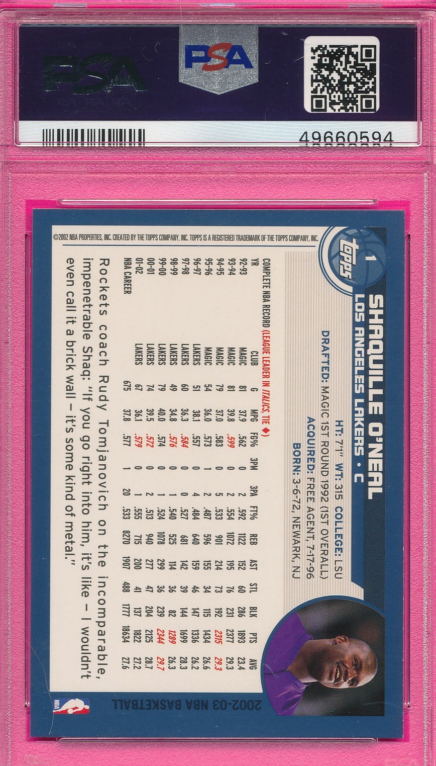 SHAQ LOT 2) PSA 9 MINT SHAQUILLE ONEAL HOF 2002 TOPPS CHROME #1 GRADED NBA TPHLC view 5