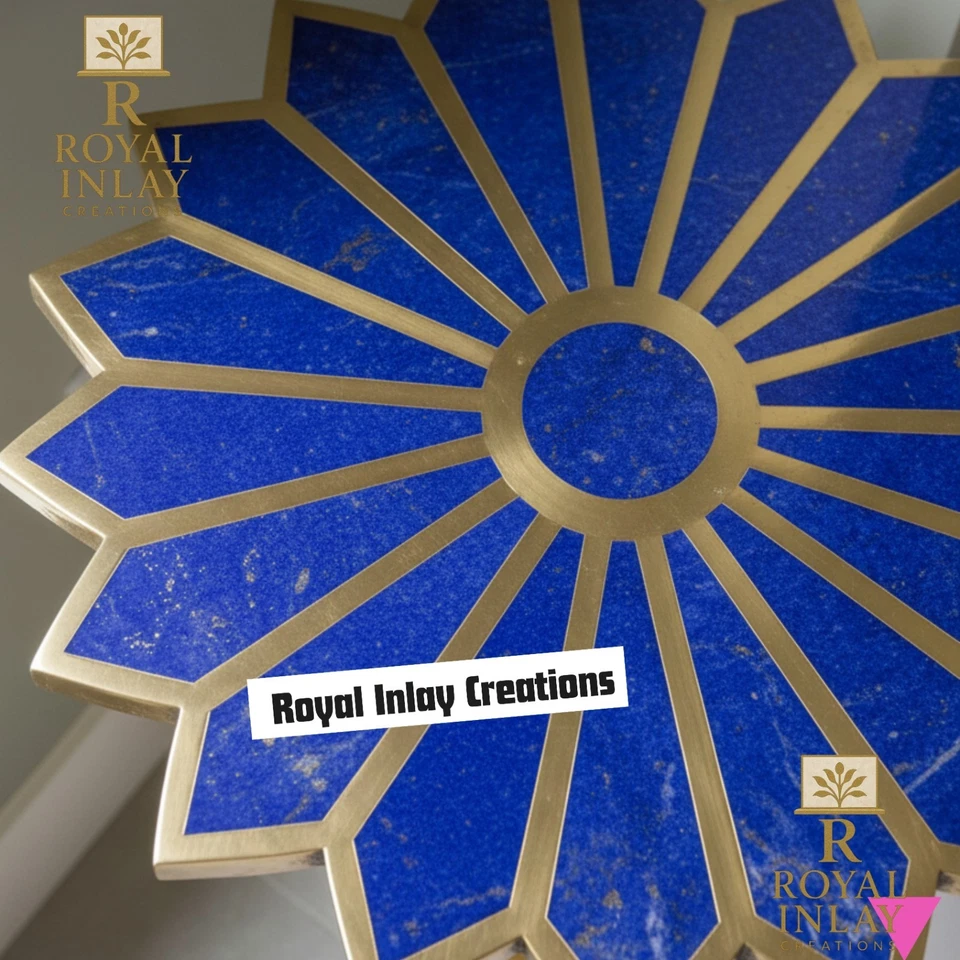 Lapis Lazuli Flower Pattern Brass TableTop w/o Stand , Lapis Gemstone Side Table - Image 3 of 4
