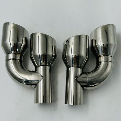 Pair Offset 2.5'' In Quad 4'' Out Dual Wall Exhaust Tips Stainless Steel Slant Cut