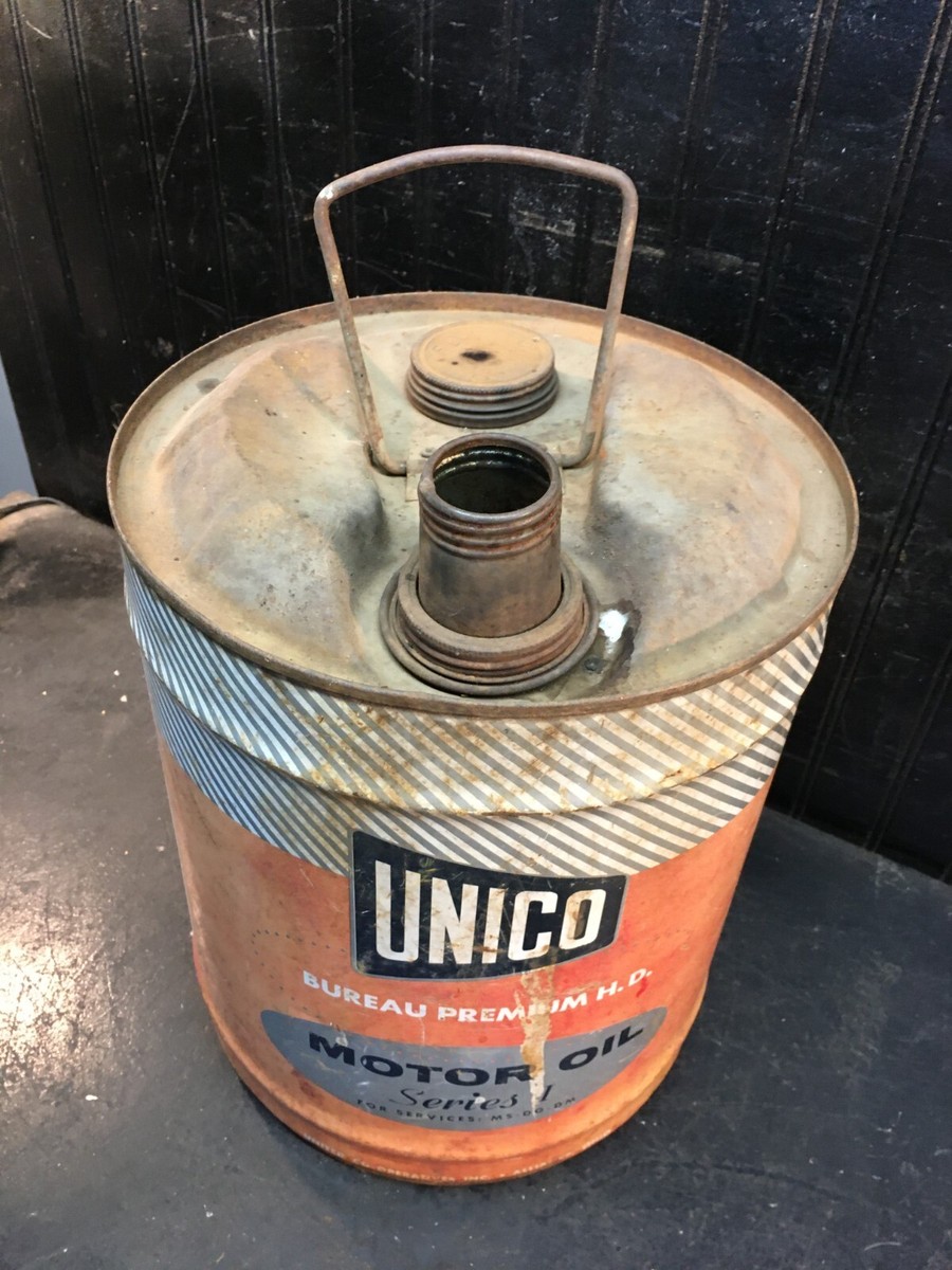 Vintage Unico 5 Gallon Oil Can Sign Garage Art 1960s Gas and Oil