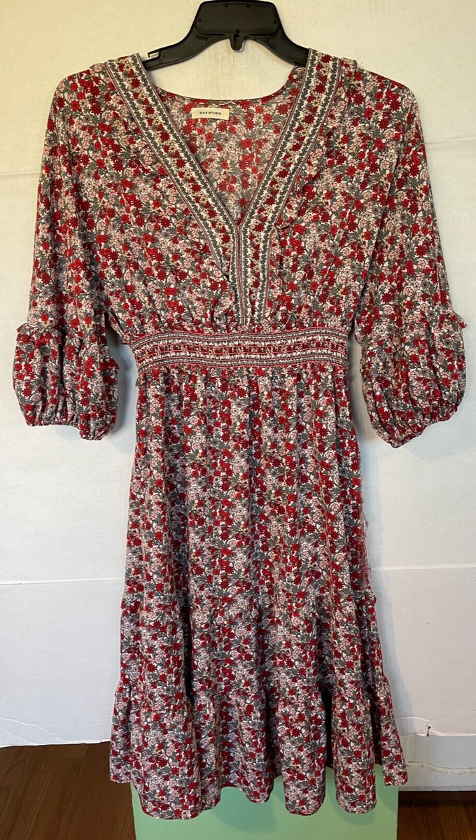 max studio v-neck empire waist dress MAXSTUDIO Max Studio V-Neck Empire Waist Dress in Cream/Red Floral Leaves at Nordstrom Rack, Size Small