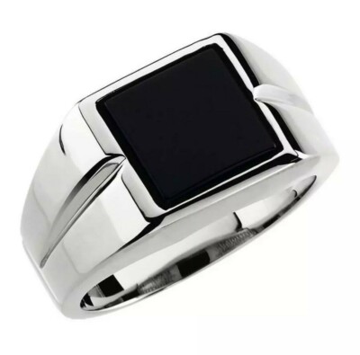 5,00 ct natürlicher schwarzer Onyx 10 x 10 mm Herrenring 14 kt Weißgold Vermeil Größe: 10