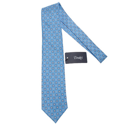 Drake's NWT Neck Tie in Light Blue with White/Orange Geometric Pattern 100% Silk