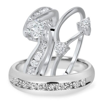 1.62 Ctw Real Moissanite 14K White Gold Over Matching His & Her Trio Ring Set
