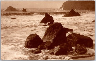 Coastal Scene Photograph, Multiple Large Rocks and Waves, RPPC Photo Postcard