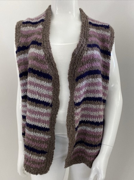 16-18 / XL - XXL Purple Pink Stripe Hand Knit Open Vest Wool Blend Textured Yarn