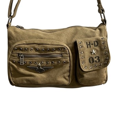 Vintage Y2K Harley Davidson Crossbody Bag Green Canvas Studded