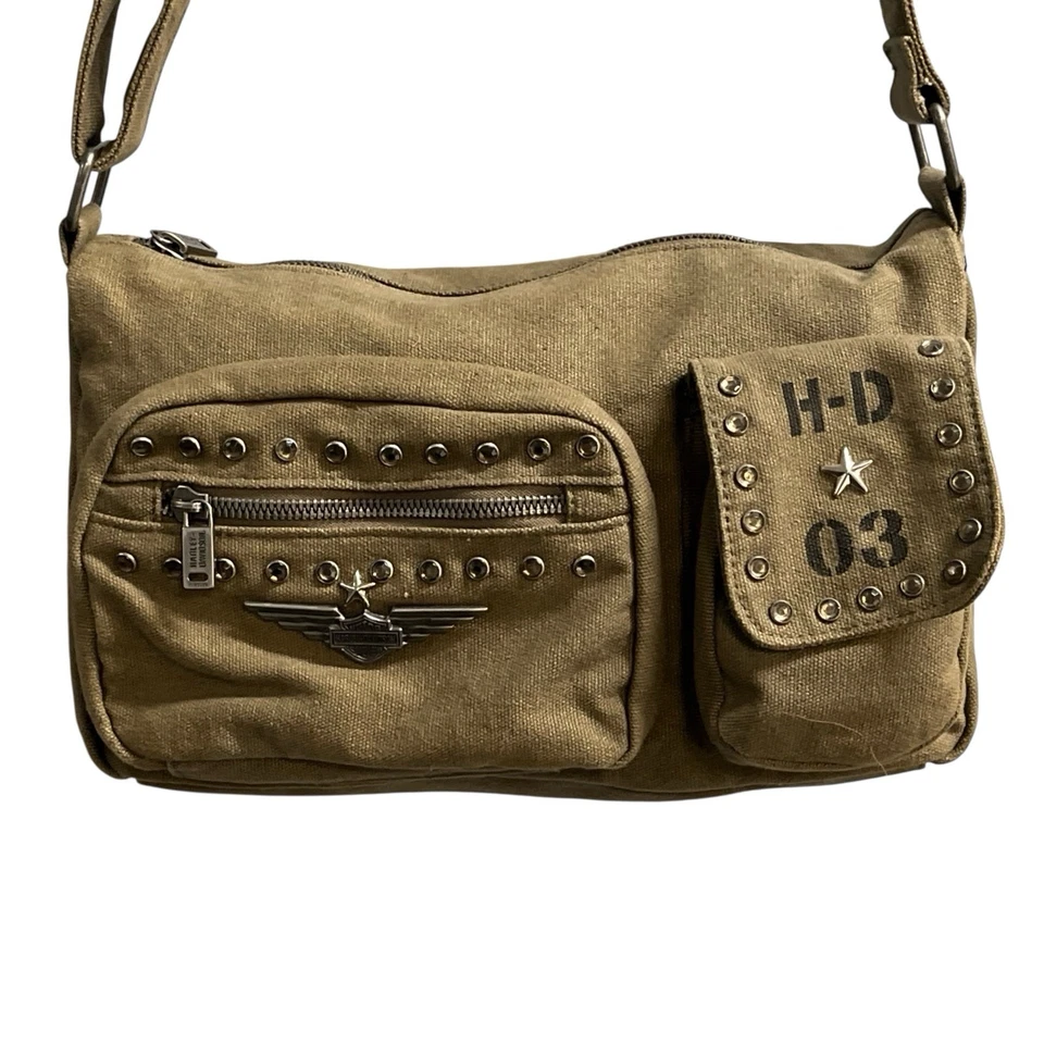 Винтажная сумка через плечо Y2K Harley Davidson зеленая холщовая с заклепками военный гранж - Изображение 2 из 4