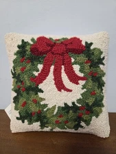 Holiday Wreath Hook Pillow Poly Filled. Wool And Cotton