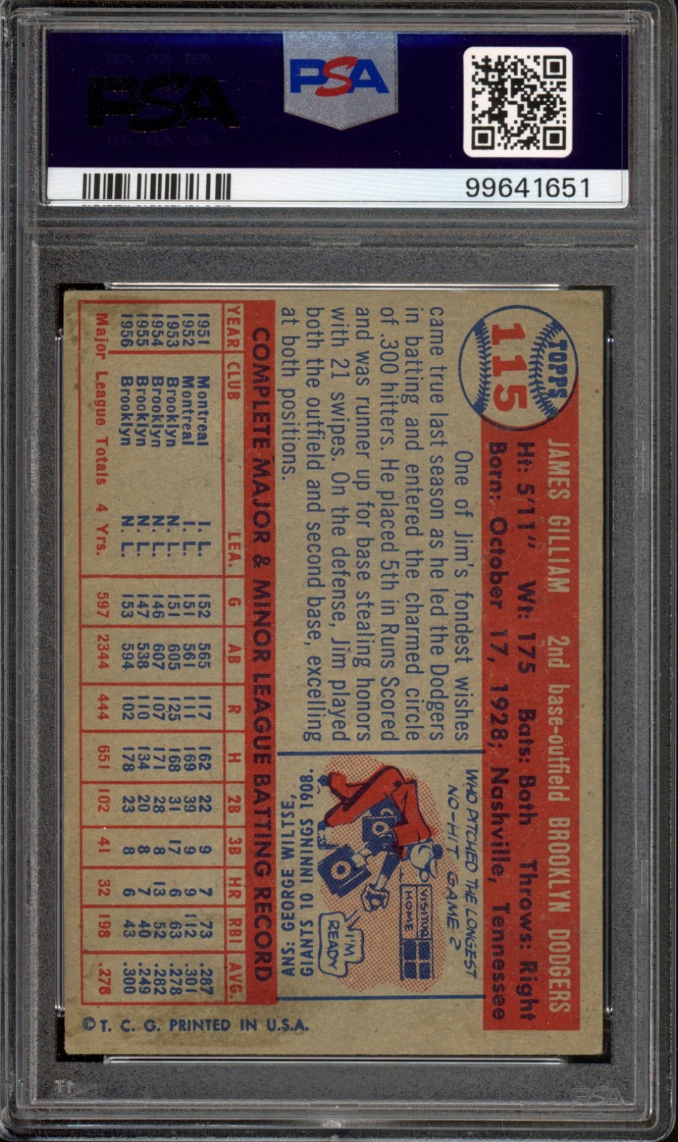 1957 Topps #115 Junior Jim Gilliam PSA 4.5 Vintage Baseball Card (1651) view 2