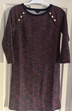 Talbots Petite SP Knit Button Shift Dress Black Red 3/4 Sleeve Knee Length