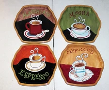 4 Ceramic Hand Painted Coffee Themed Plates 8” Espresso Cappuccino Mocha Macchia