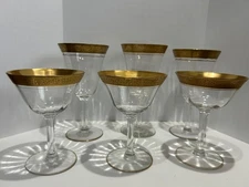6  Tiffin-Franciscan Minton Optic Glass Gold Trim Footed Glasses assorted Sizes