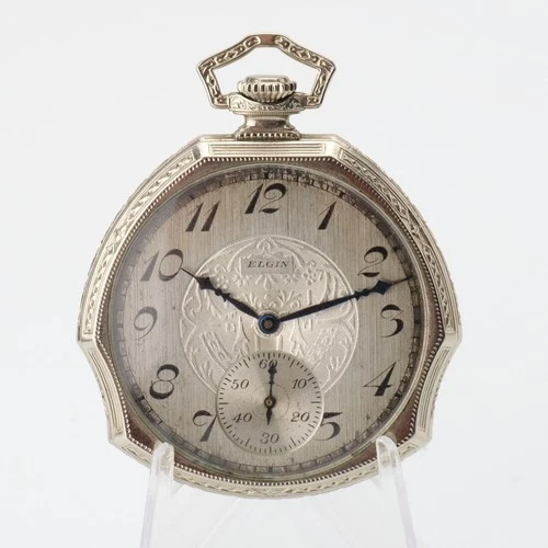 ANTIQUE ART DECO ELGIN GRADE 345 17j 12s POCKET WATCH ASSYMETRICAL CASE RUNNING