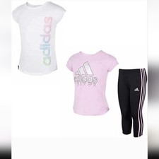 Girl's Adidas 3 Piece Set Tee Shirts and Pants Pink White Black Size 4T