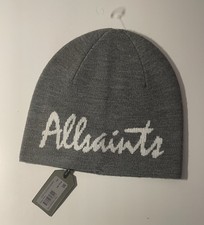 AllSaints Logo Jacquard Knit Beanie Hat Wool Blend Gray One Size Stretch
