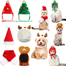 6 Pcs Cute Christmas Cat Hat  Dog Cap - Santa Hat with Scarf  Green Elk Antler