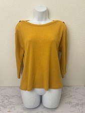 Waffle Knit Yellow Baby Doll Blouse Size S Mustard Button Accent Pullover Top F2
