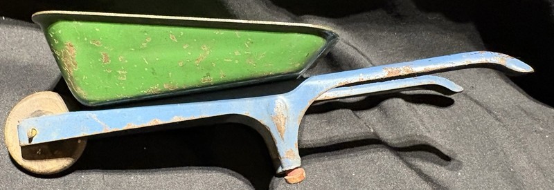 Vintage 1940s 50s Pressed Steel Toy Wheelbarrow Green Blue Wooden Wheel USA