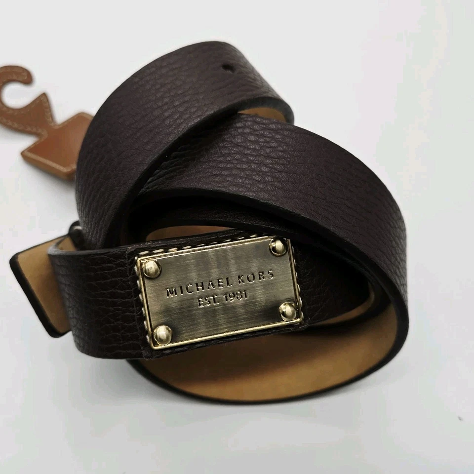 迈克高仕棕色皮革皮带 XL 金色板标志 全新 — 第 3/4 张图片