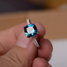 London Blue Topaz 925 Sterling Silver Cushion Cut November Birthstone Ring
