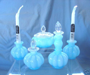FENTON"MINT+PRF~VINTAGE~40s"BLUE OVLY"PERFUME*COLOGNE*POWDER+STICKS"GLASS"VANITY