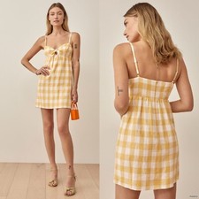 Reformation Size 2 Ryland Linen Mini Dress Yellow Gingham MSRP $178