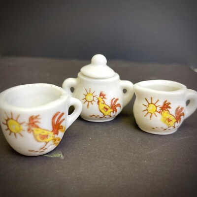 Vtg Japan 4 Piece Rooster Sun Miniature Child's Tea Set Cup Sugar Creamer