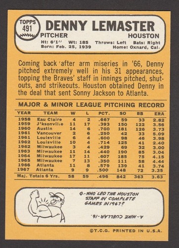 1968  TOPPS  BASEBALL  # 491  DENNY LEMASTER  NRMT-MT+   INV A2247 - Afbeelding 2 van 2