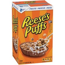 REESE'S PUFFS CEREAL BOX TWO SEALED BAGS FOR FRESHNESS 51.4 oz.