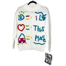 Vintage Gitano 3D Sweater Funky Spell Out Mock Neck Knit White Deadstock Medium