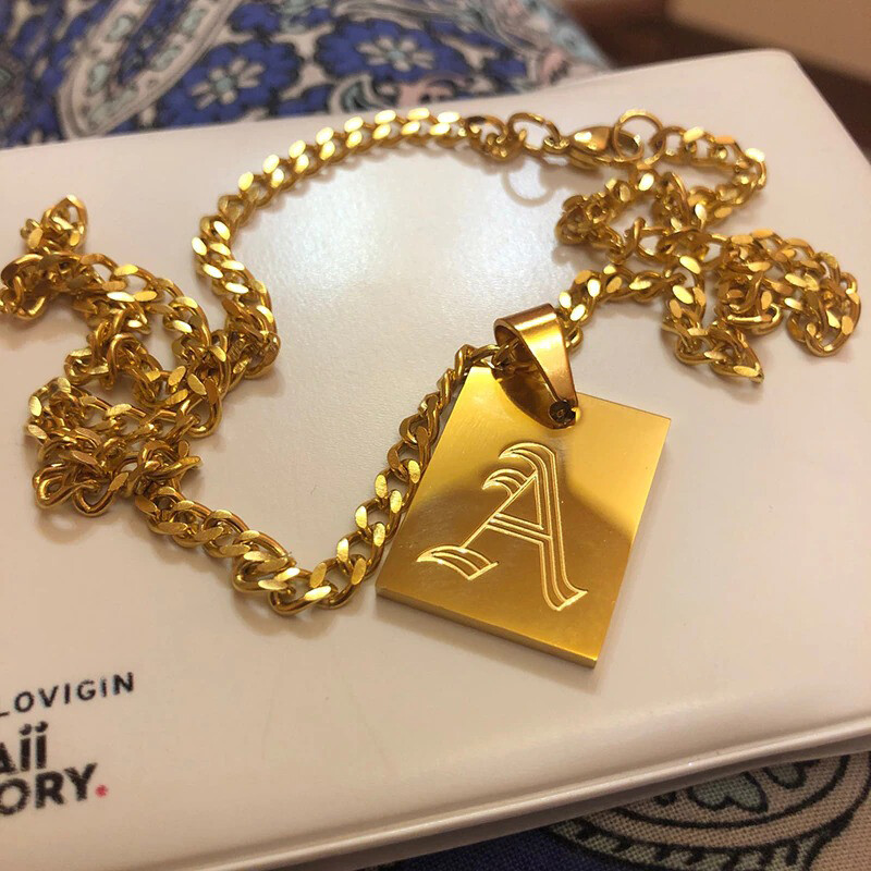 Gold-Tone Old English Letter Pendant Necklace for Women - Personalized A-Z Nameplate Jewelry  