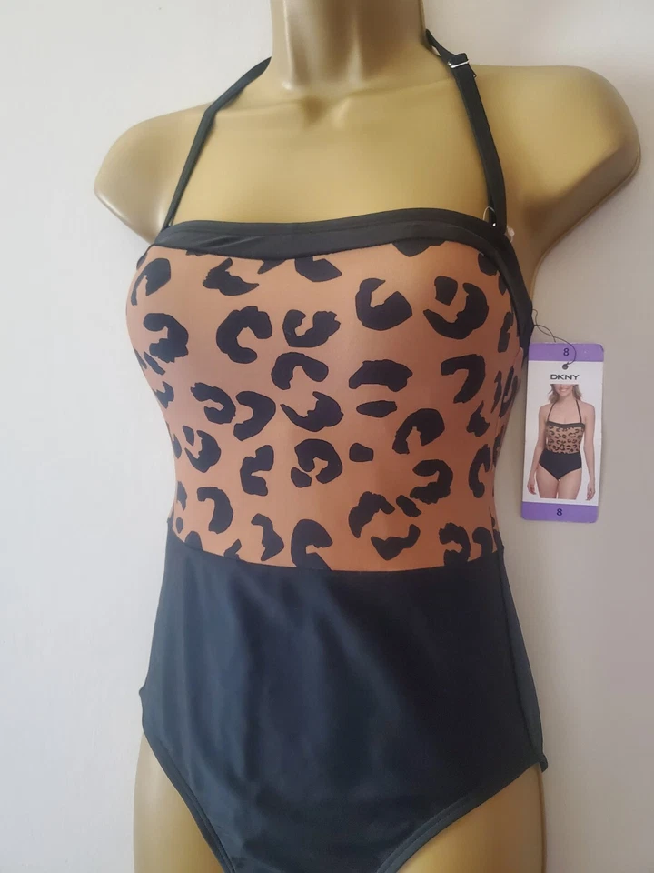 Traje de baño de una pieza DKNY negro y estampado de leopardo bandeau cuello halter talla UK 8 nuevo Foto 2 de 4