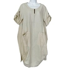 Minibee Women's Lagenlook Midi Dress Pockets S/S Roll Tab Linen Cotton Sz S