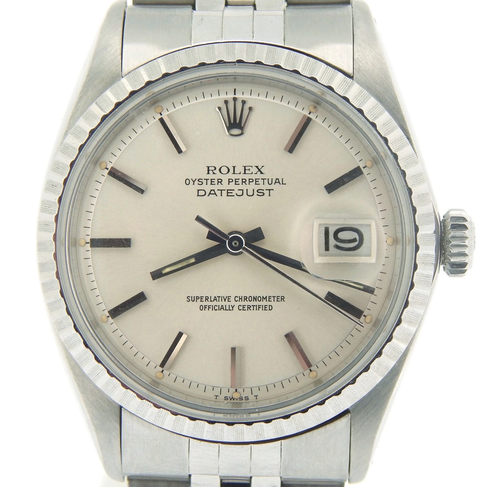Rolex — Rolex Datejust Mens 1603 Stainless Steel Watch Engine-Turned Bezel Silver Dial
