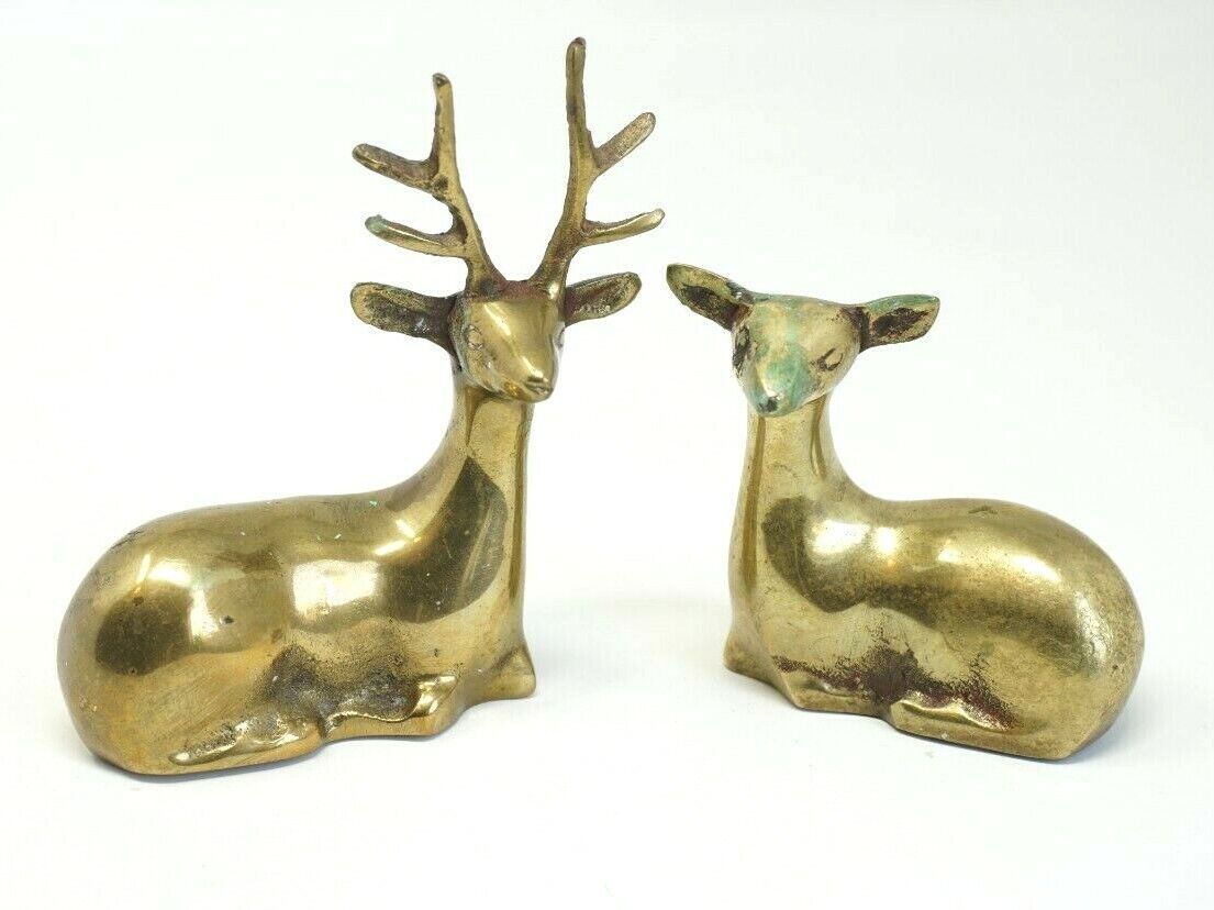 Brass Buck And Doe Sitting Deer Figurines Vintage set of 2 