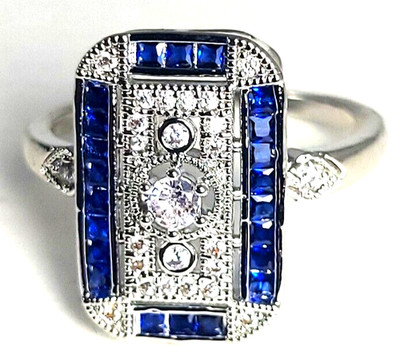 Gorgeous Art Deco Vintage Style Platinum FN Lab Created Diamond & Sapphire Ring