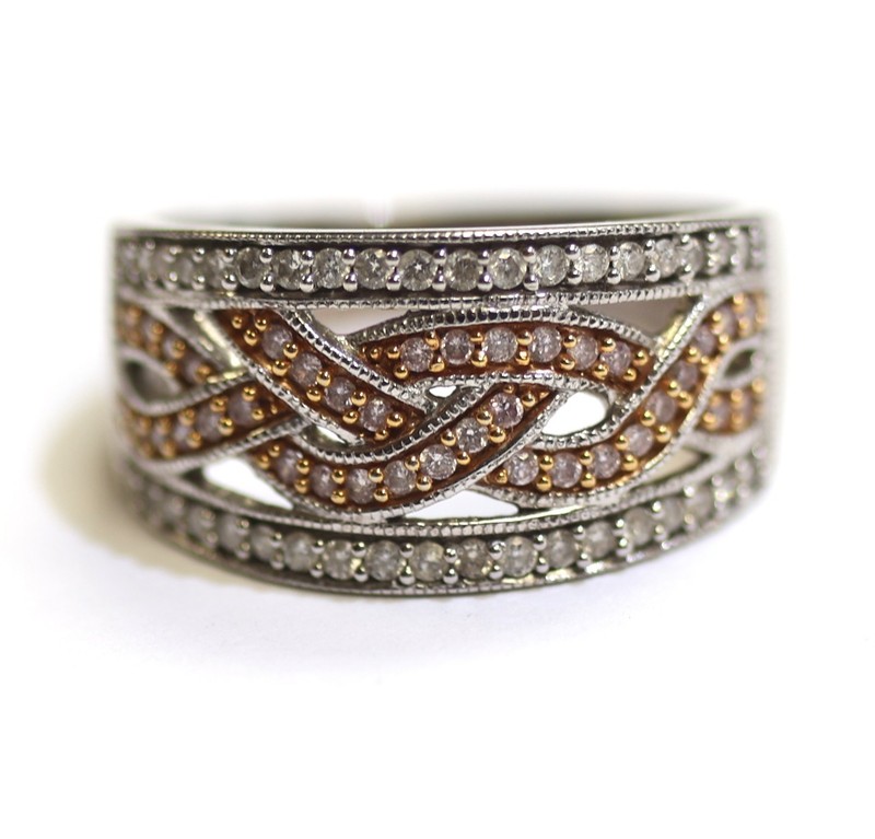 14k white rose gold faint pink .54ct Diamond cluster Band woven 5.3g estate 8.25
